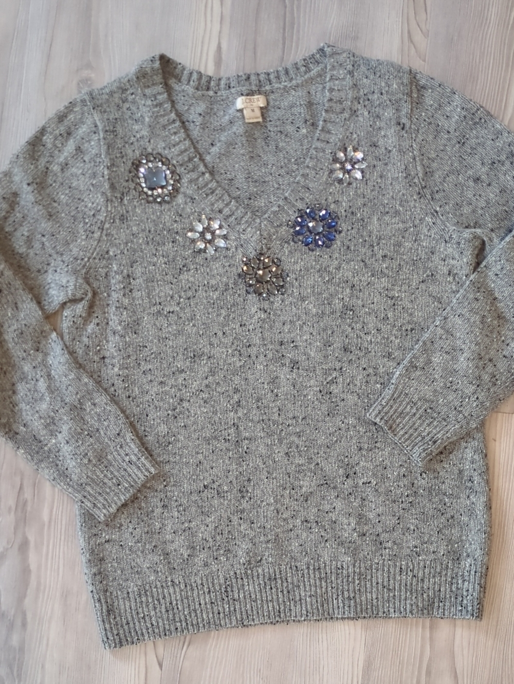 J.Crew Jeweled Lambswool Sweater M Gray Donegal V Neck Rhinestone Holiday B3799